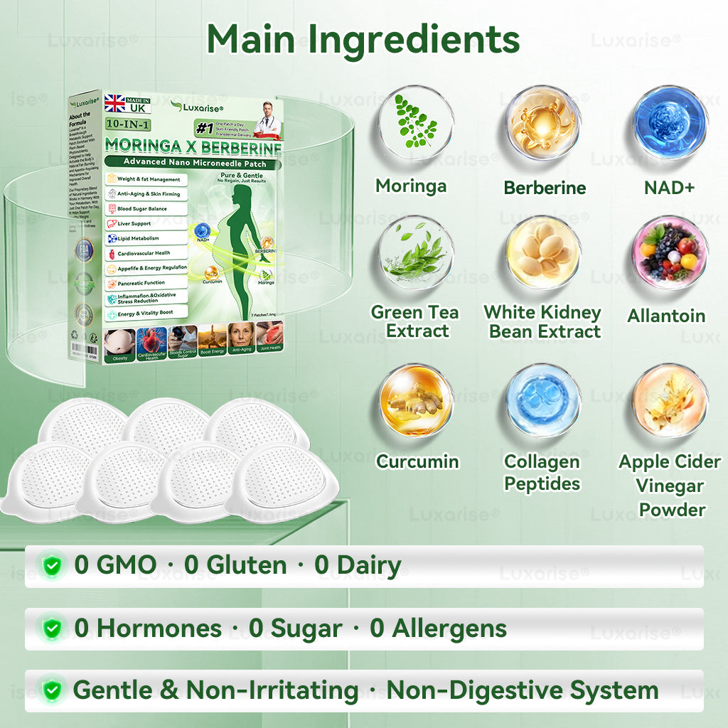 Once Daily, Visible Changes in 7 Days 🎟️ 𝑳𝒖𝒙𝒂𝒓𝒊𝒔𝒆® 𝑴𝒐𝒓𝒊𝒏𝒈𝒂 & 𝑩𝒆𝒓𝒃𝒆𝒓𝒊𝒏𝒆 10-𝑰𝑵-1 𝑨𝒅𝒗𝒂𝒏𝒄𝒆𝒅 𝑵𝒂𝒏𝒐 𝑴𝒊𝒄𝒓𝒐𝒏𝒆𝒆𝒅𝒍𝒆 𝑷𝒂𝒕𝒄𝒉 𝐎𝐛𝐞𝐬𝐢𝐭𝐲, 𝐃𝐢𝐚𝐛𝐞𝐭𝐞𝐬, 𝐒𝐥𝐞𝐞𝐩 𝐀𝐩𝐧𝐞𝐚, 𝐀𝐧𝐝 𝐉𝐨𝐢𝐧𝐭 𝐈𝐬𝐬𝐮𝐞𝐬 📙